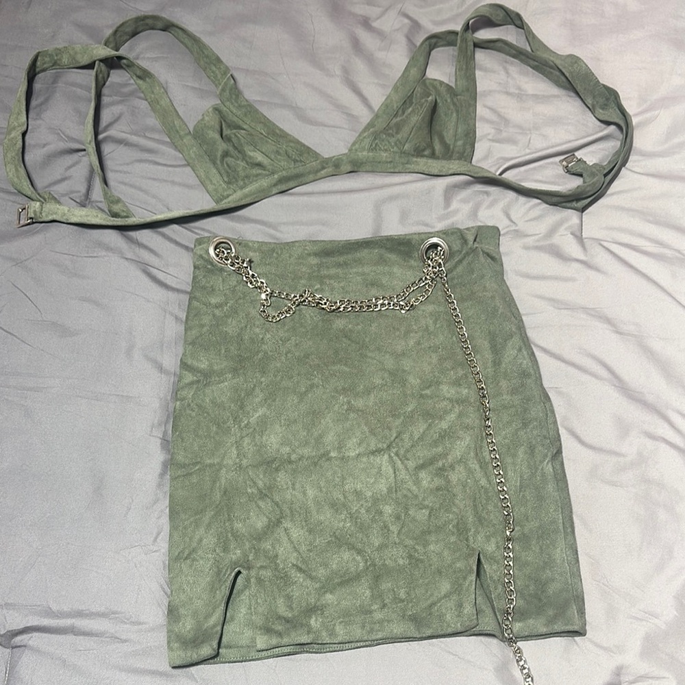 Green Suede Skirt with Chain Detail
